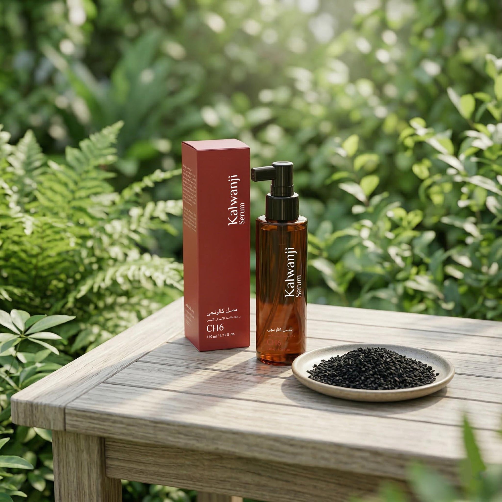WAFA Kalwanji hair serum with box on a garden table