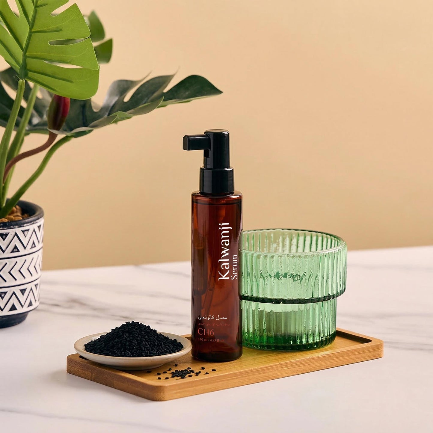 WAFA Kalwanji hair serum with black seeds on a table